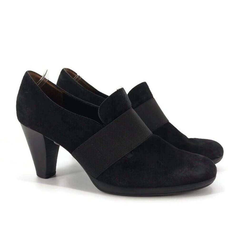 Paul Green US 7 Black Sueded Leather Heel Pumps Retro Wide Accent Strap Classic